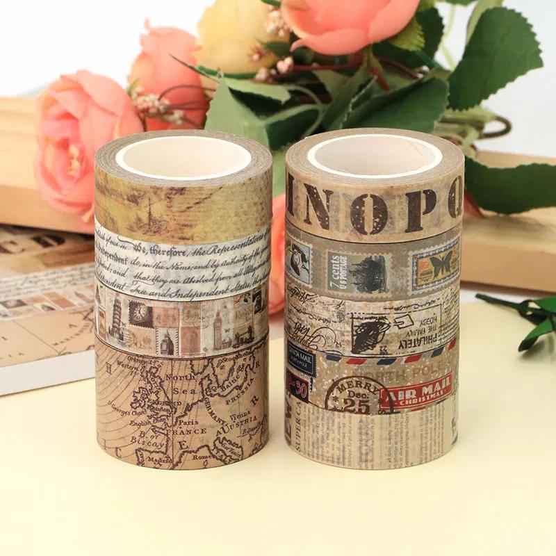 1PC. 10M Decorative Rero Kraft English Script Stamps Map Washi Tape Adhesive Stickers Masking Tape Cute Journaling Stationery