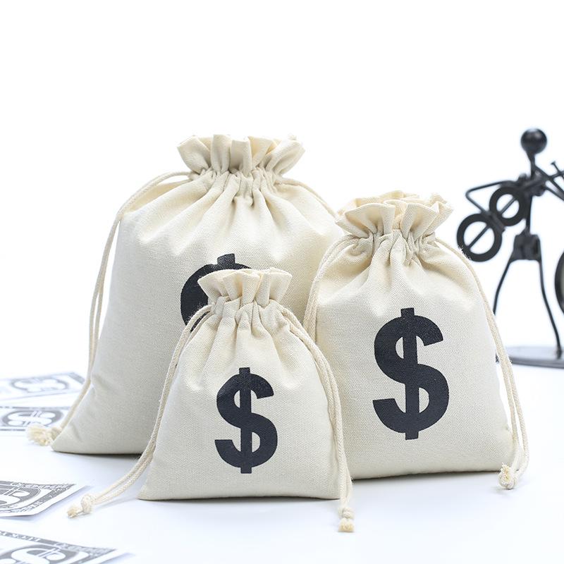 Drawstring Canvas Bag with Dollar Sign Print - Cotton & Linen Money Bag