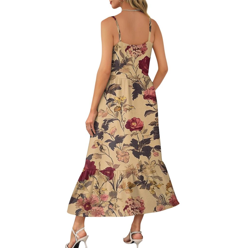 Women's Long Beach Casual Elegant Spaghetti Strap Maxi Dress Stitching Low-key Flowing Bohemian Dress