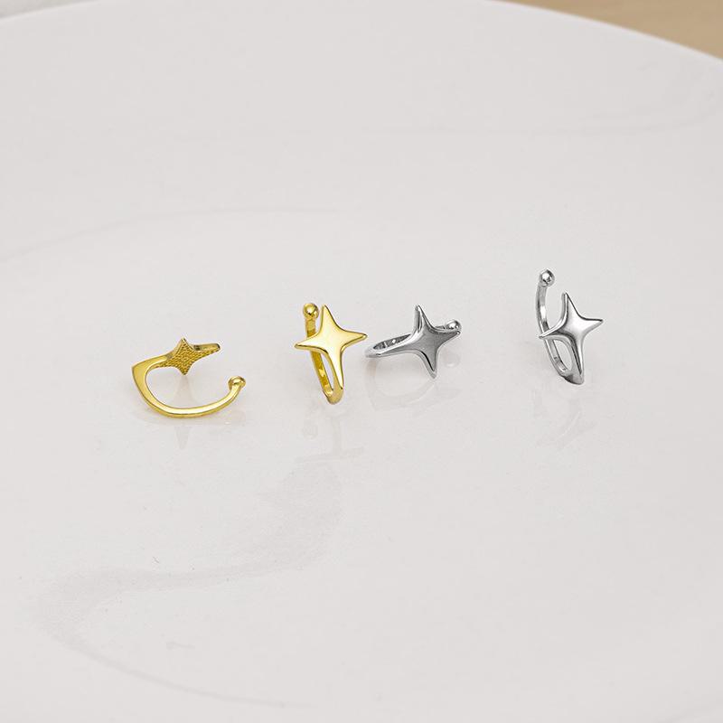 Silver Four-Pointed Star Ear Clips, No Piercing Needed - Simple Design for Women