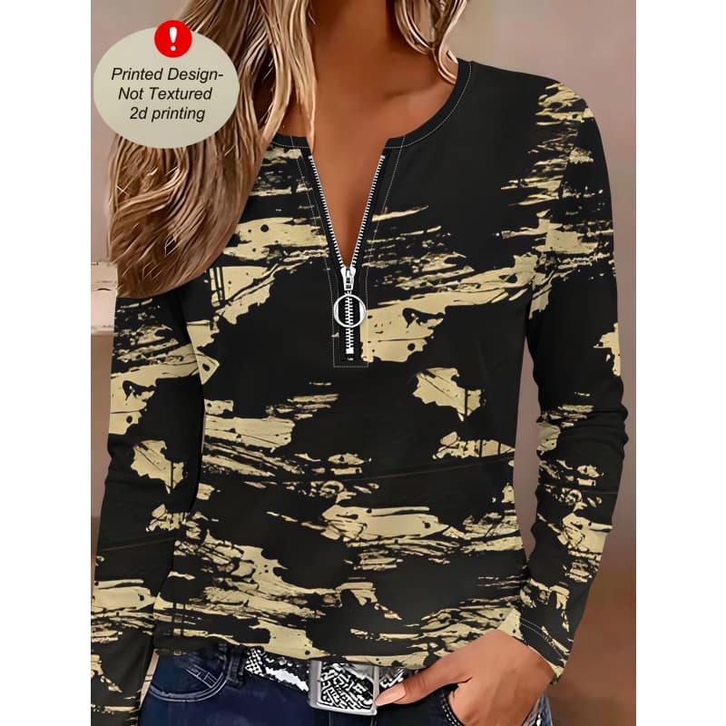Tricou cu fermoar și imprimeu creativ pentru femei, cu mânecă lungă, respirabil, moale și confortabil, potrivit pentru purtare casual pe tot parcursul anului