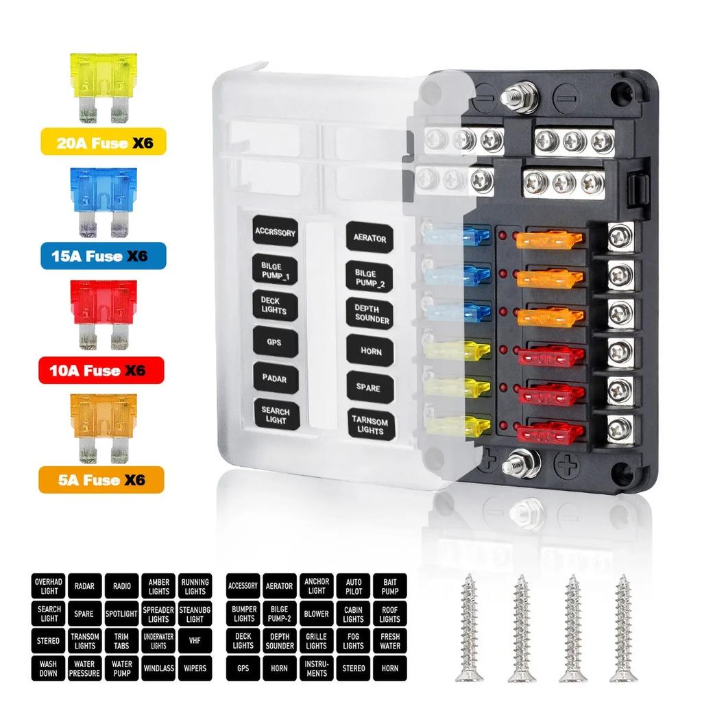 Fuse Box 6 Way Blade Fuse Block Holder Waterproof M5 Stud With LED Indicator Light For Auto Car Boat Turck Marine 12V 32V Amagi