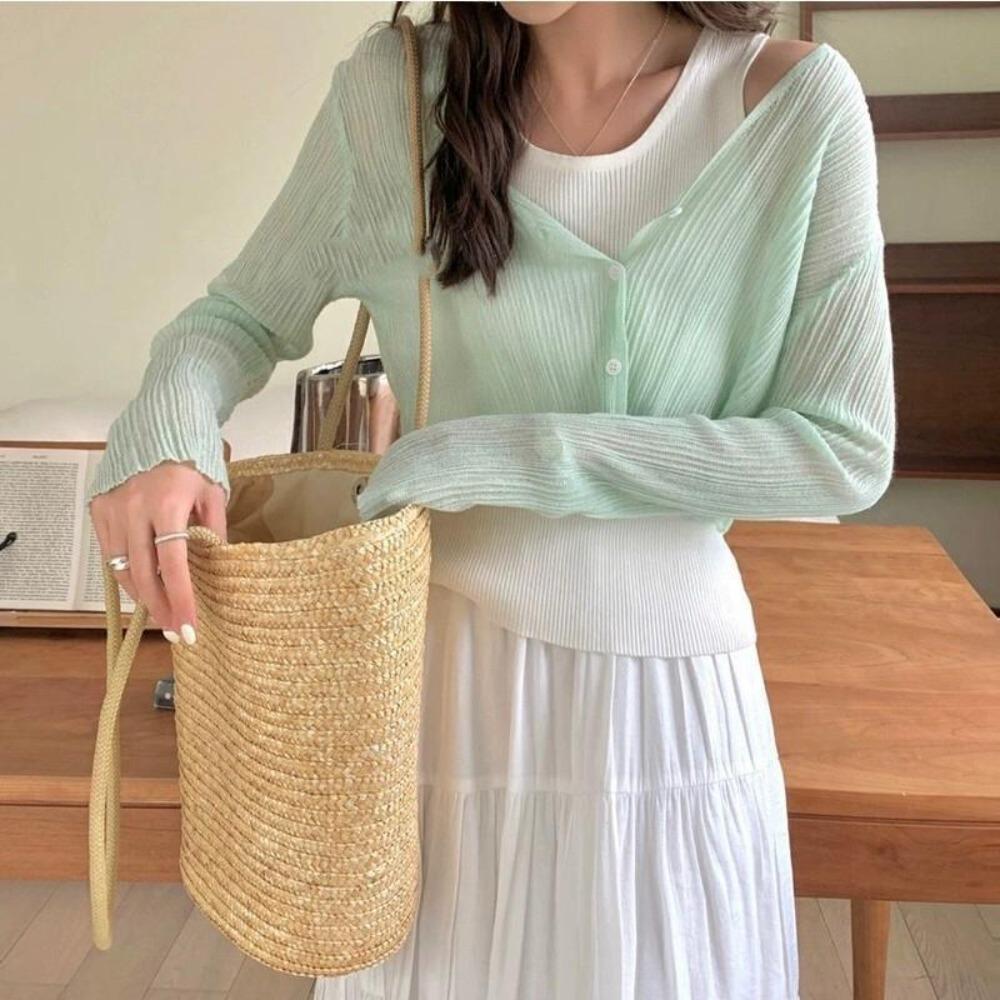 

Loose Hollow Out Blouses Summer Sunscreen Clothing New Knitwear Tops Women зелений