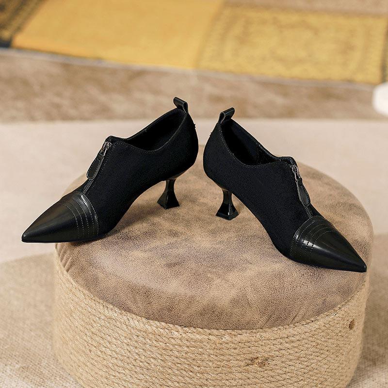 High heels women's thin heels new autumn and winter zipper retro women's shoes splicing pointed deep mouth single shoes