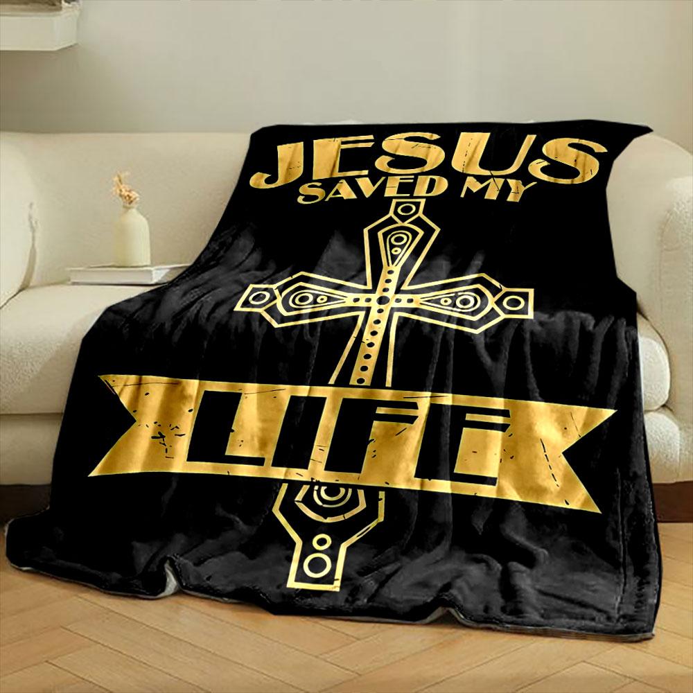 Jesus Saved My Life Cross Blanket  Printed Blanket for Living Room Bed Couch Lunch Break Soft Cozy Blanket for Friend's Festival Gift