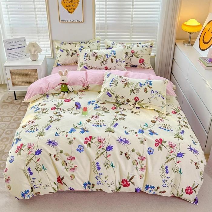 small fresh pure cotton abraded four-piece set, skin-friendly bed sheet washed cotton quilt cover, dormitory three-piece set