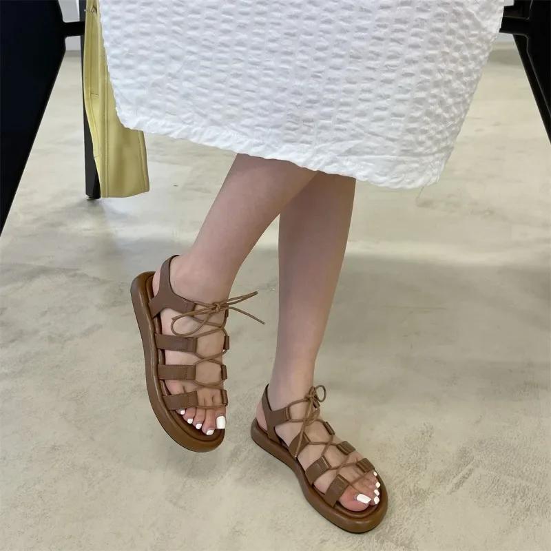Summer Women's Flat Sandals Band Straps Solid Ankle Lace Shoes Women Dress Retro Rome Classic Summer Leisure Sandalias De Mujer
