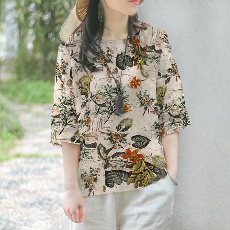 

ZANZEA Женская блузка с круглым вырезом, свободная, повседневная, с цветочным принтом, рукав 3/4 4XL