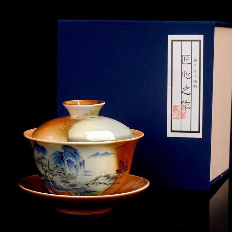 Hand Painted Lotus Gaiwan Ceramic Porcelain Tea Tureen Bowl Rotatable Lid Saucer Vintage Teacups Tea Ceremony Teaware Drinkware