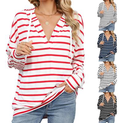 2024 European And American Autumn And Winter New Striped Round Neck Hooded Long Sleeved Loose Sweatshirt For Women