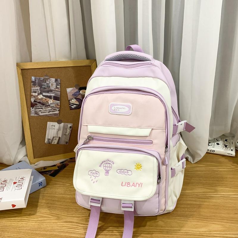 Contrasting Color Junior High School Students' Large Capacity Schoolbags  Female High School Students' Shoulder Bags  Balloon Badges and Backpacks