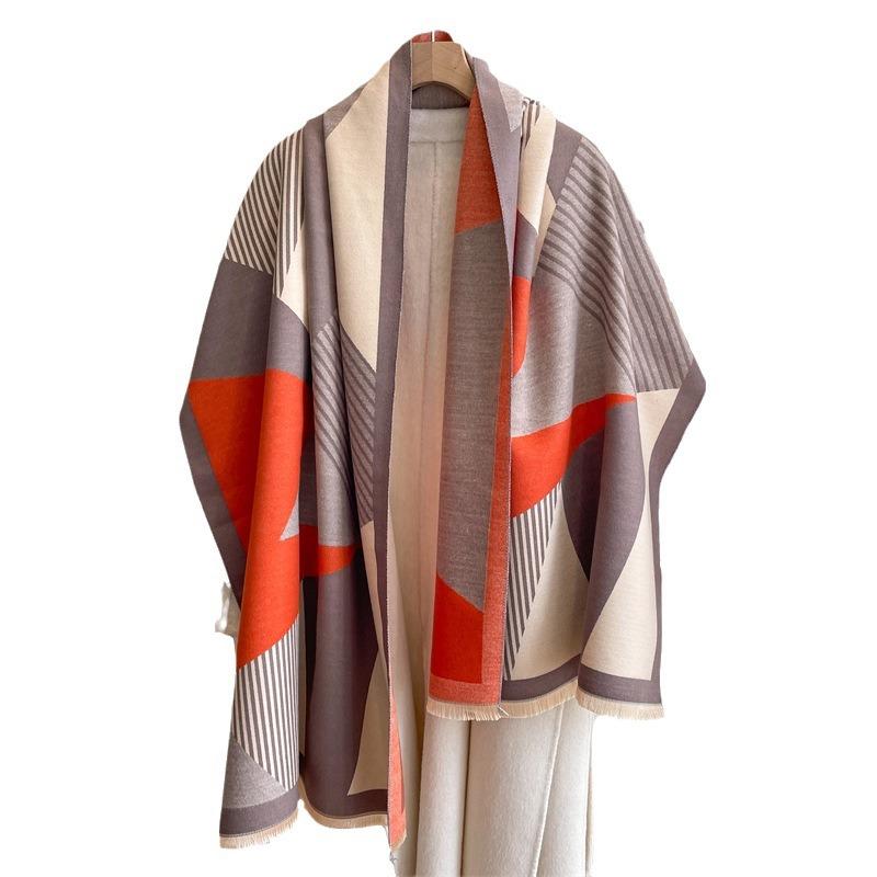 New Geometric Color Matching Imitation Cashmere Women's Fringed Shawl Autumn and Winter Thickened Double-sided Jacquard Wool Scarf