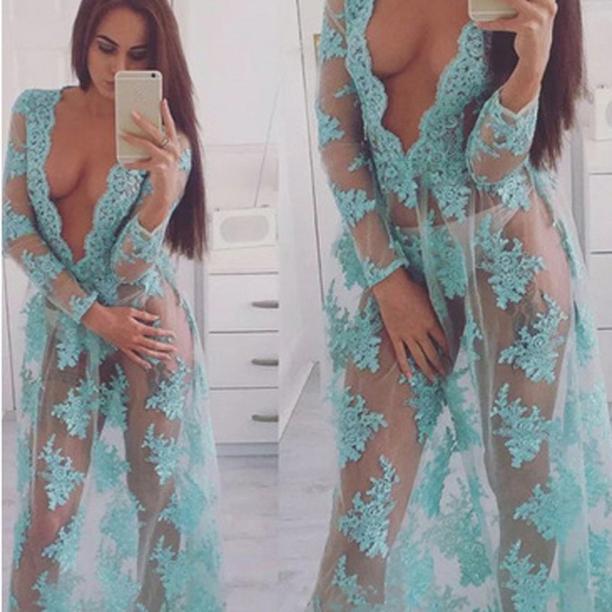 Sleeve Lace Transparent Maxi Dress 