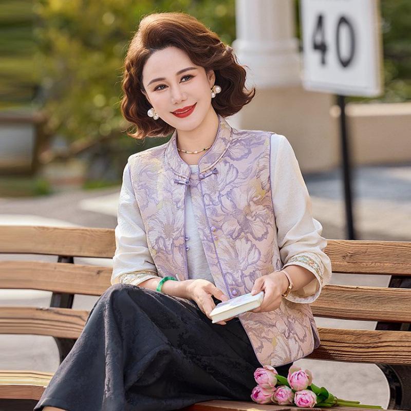 

2026 Chinese Style Spring Vest Jacket - Printed Shawl for Middle-Aged & Elderly Women 3XL (120-135 jin) фіолетовий