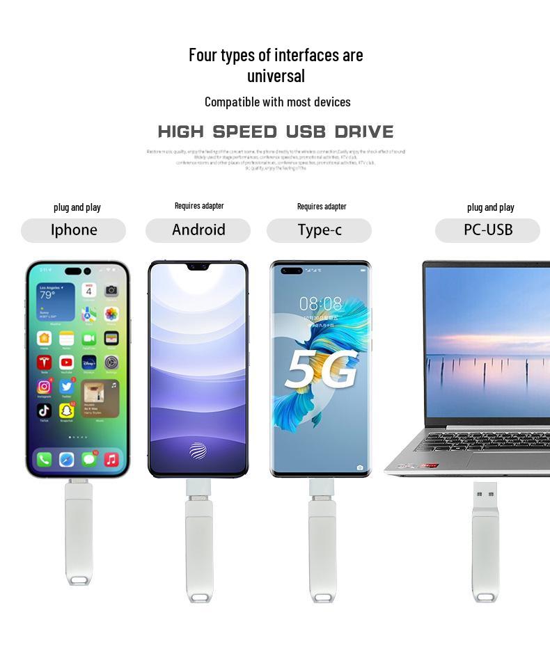 128GB Metal Double-Use USB Flash Drive - Universal OTG for Phones & Computers, Zinc Alloy Swivel Design