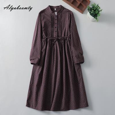 2025 Abito Midi da Donna Mori Girl Giapponese Primavera Autunno Collo Alto Marrone Blu Navy Stampa Floreale Abito con Cintura Manica Lunga Vintage Base da Donna
