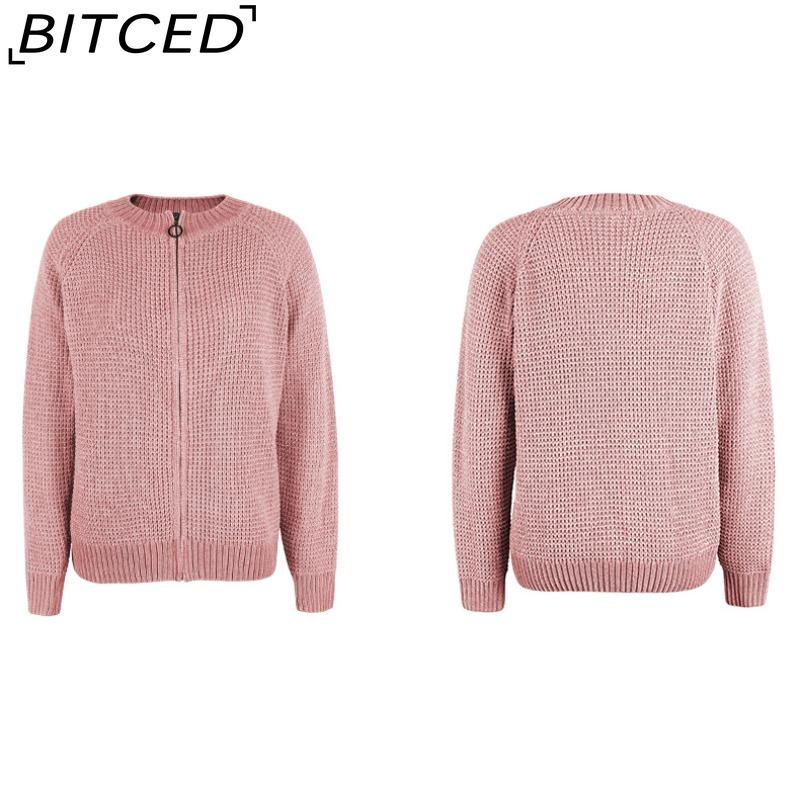 BITCED Autumn/Winter Women's Solid Colour Zip-Up O-Neck Knitted Cardigan