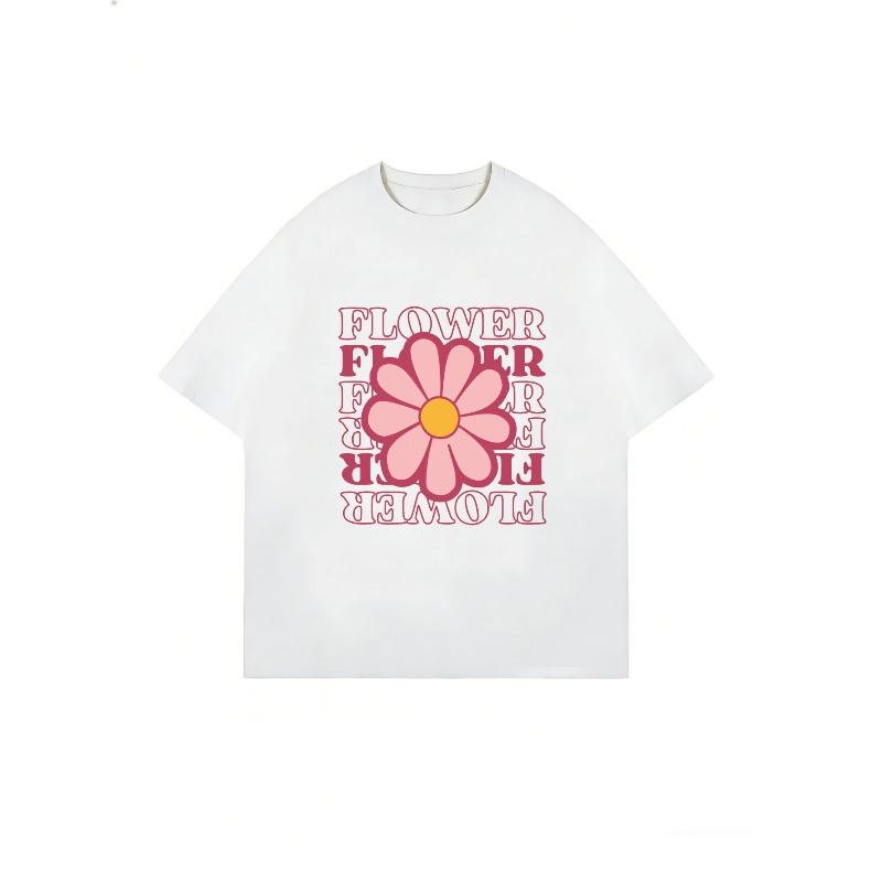 Oversized T Shirt Black Flower Print With Pink Daisy And Text Flower For Casual Wear