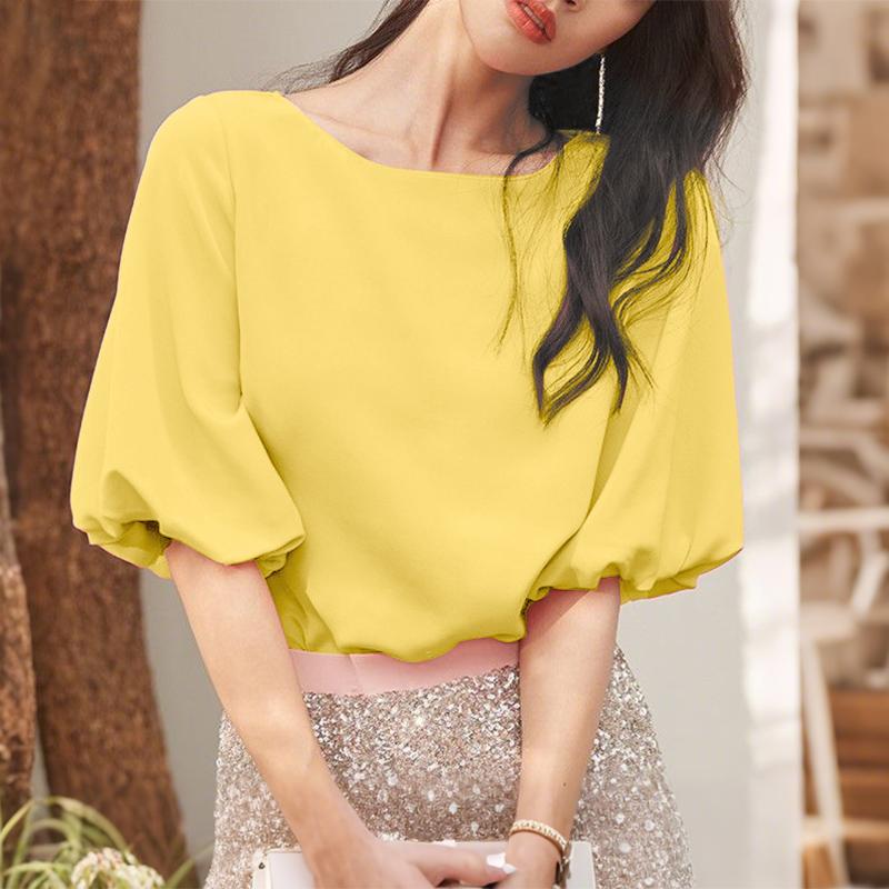 

ZANZEA Женская повседневная однотонная блузка с круглым вырезом и коротким рукавом 2XL