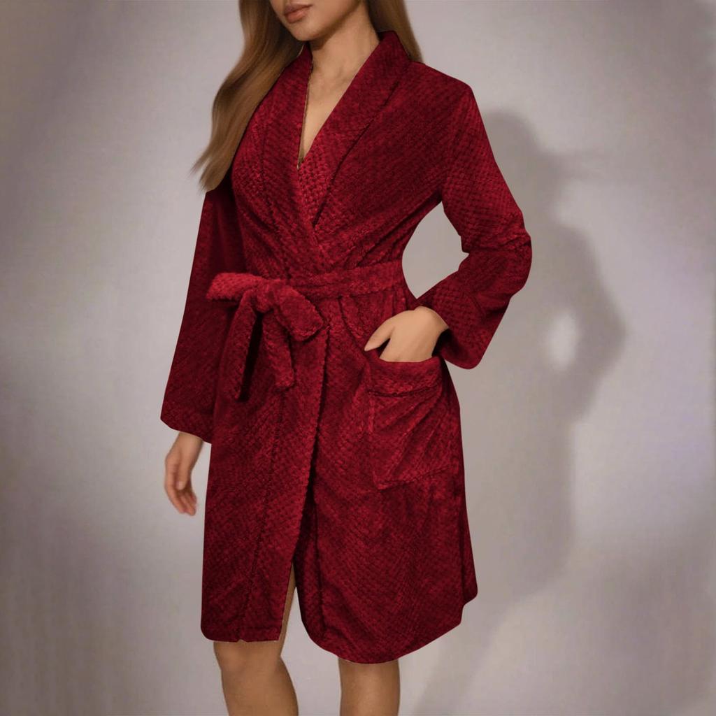 Women's Solid-Color Long-Sleeve Autumn/Winter Warm Bathrobe Plush Homewear Robe Homewear Set