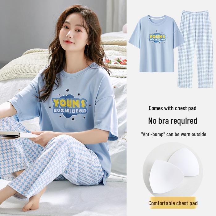 

Women s Stretchy Two-Piece Summer Pajama Set - Short Sleeve Top with Built-in Bra Pads & Long Pants, Cotton-Like, Thin, Pullover, Wearable Outdoors L