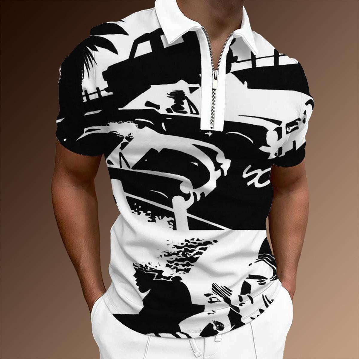 

Ink Painting Style 3D Printing Lapel Collar Short-Sleeved Zipper Casual Men S Polo Shirt S