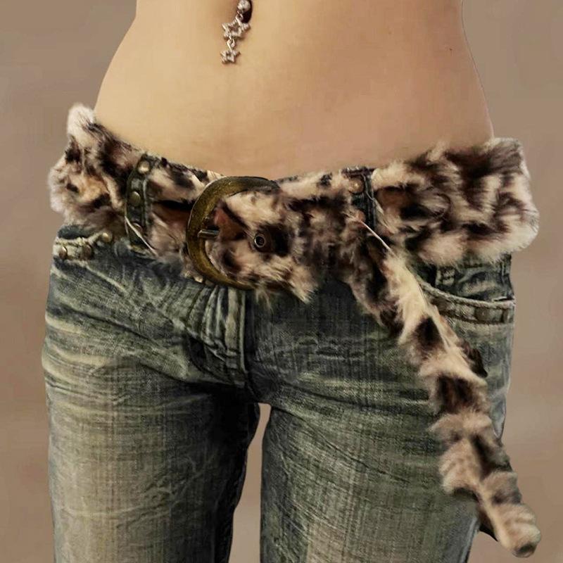 Leopard Print Fur Belts Chic Warm Hip hop Adjustable Accessorie Y2K Aesthetic 2000s Jeans Belt punk Personalized Grunge Belt
