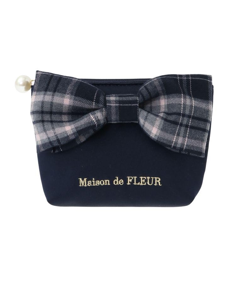 

de Apparel Check Ribbon Satin Pouch for Navy [Maison Fleur] Women,
