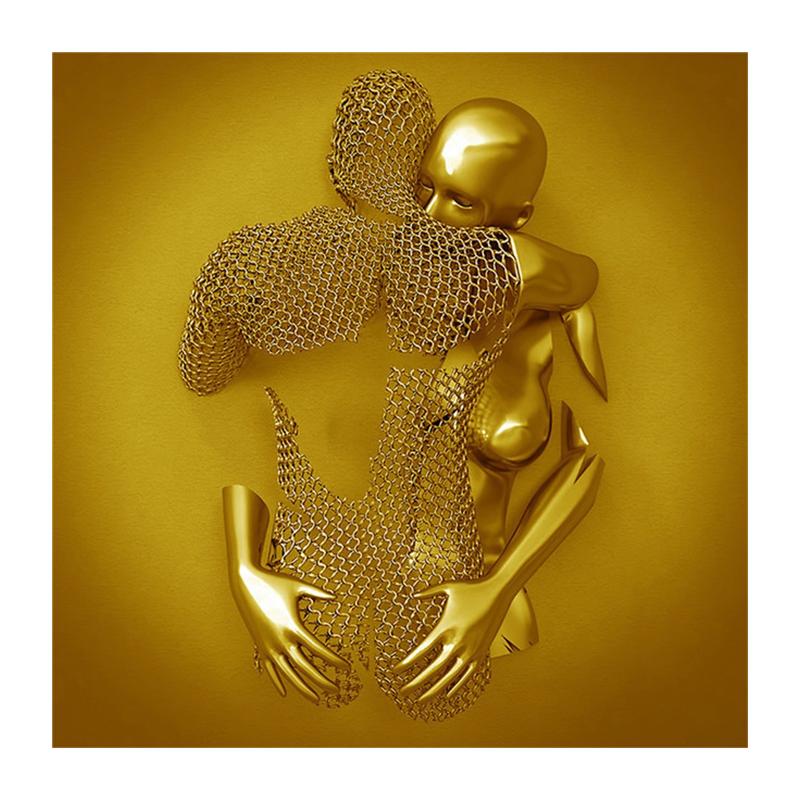 3D Visual Gold Silver Metal Figure Art Statue Canvas Painting Romantic Abstract Posters and Prints Wall Pictures Modern Home Decor for Living Room
