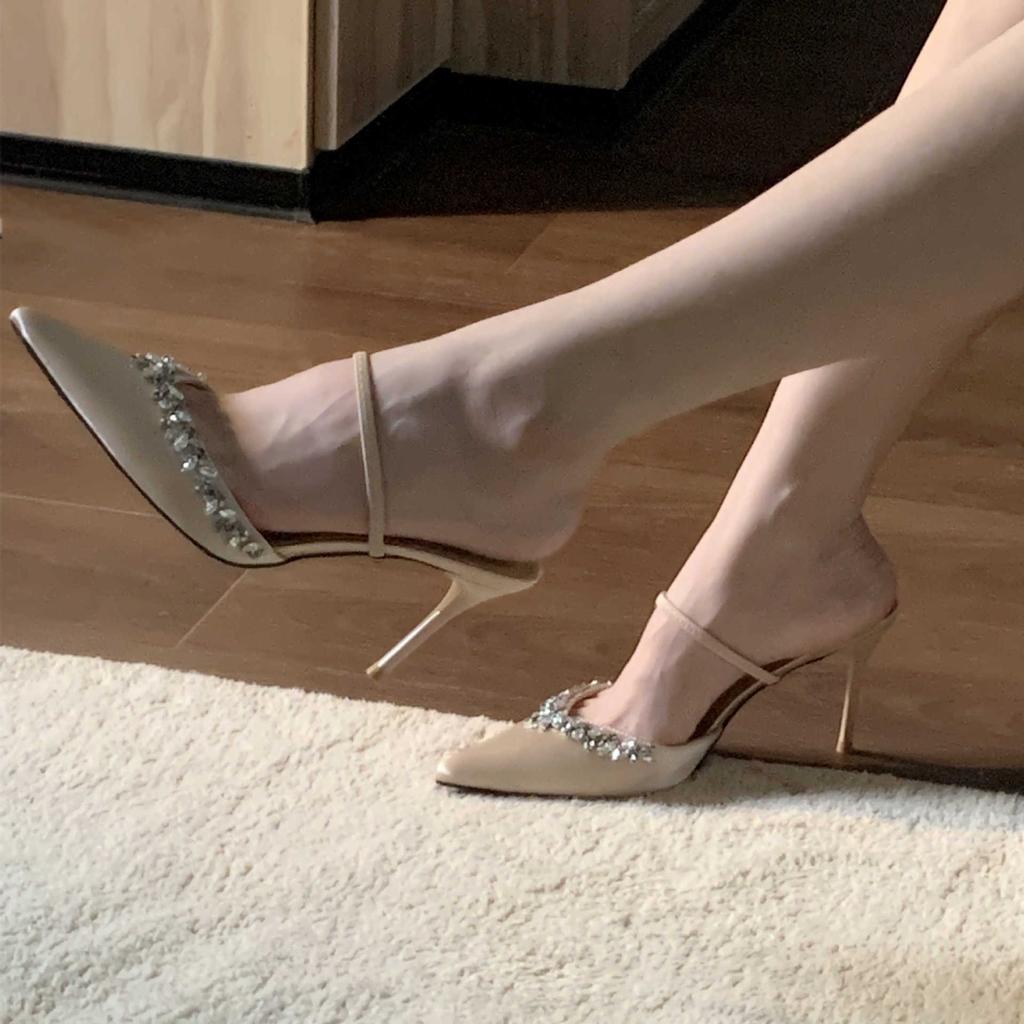 2025 Summer New Pointed Rhinestone High Heel Fine Heel Champagne One Word with Sandals Half Drag Cool Slippers Outer Wear Women