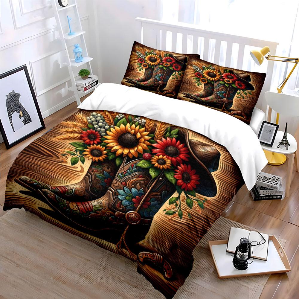 Western Boots with Sunflowers Bedding Duvet Cover Set  (1*Duvet Cover 2*Pillowcases, without duvet insert)