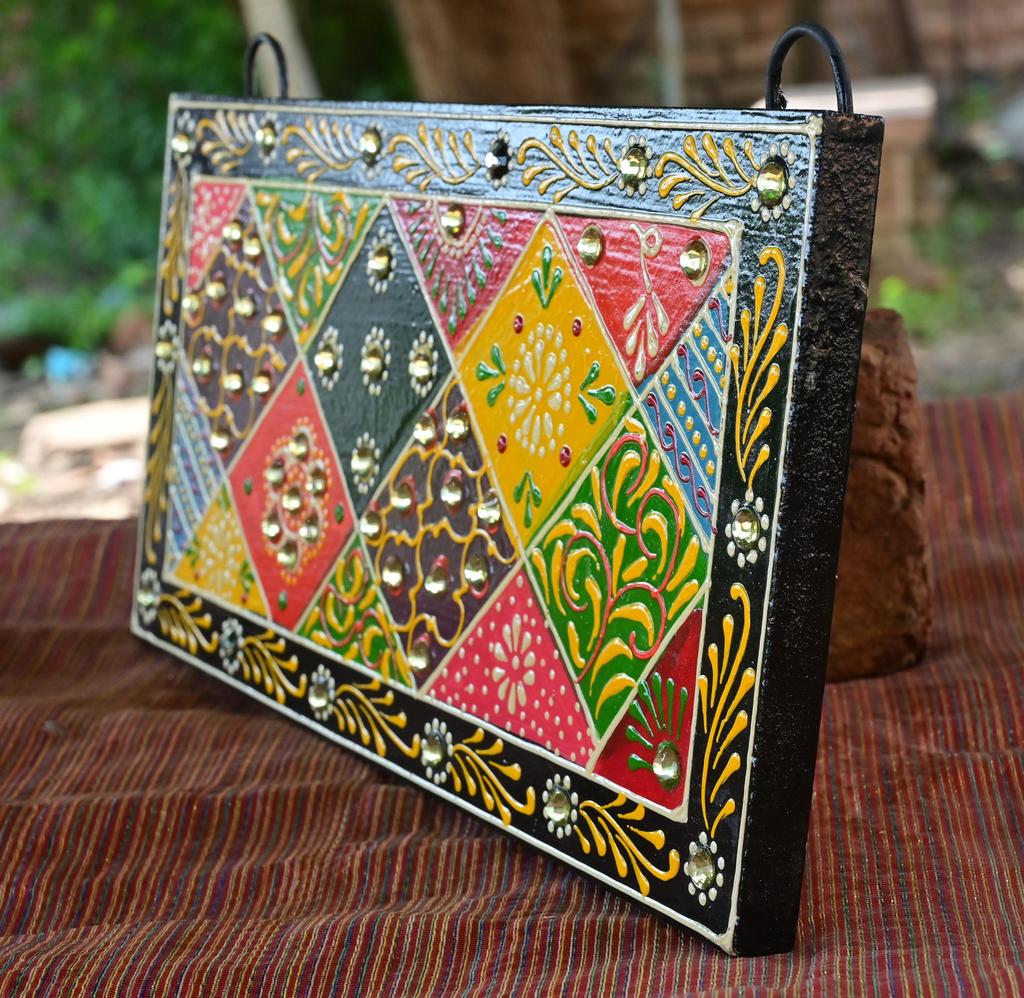 Indian Folk Art Mirror Work Wood Wall Panel: Hand-Painted Ethnic Decor