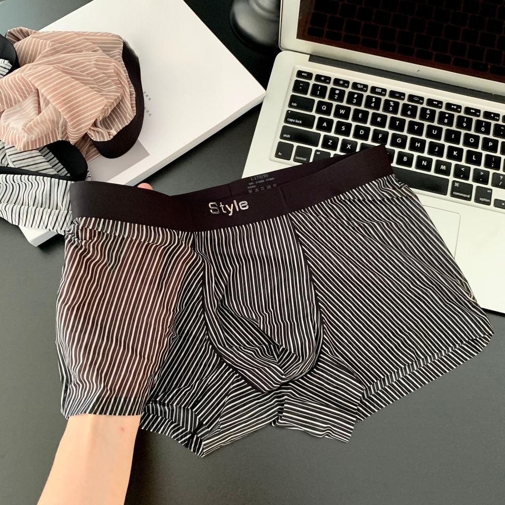 Men's Spring and Summer Striped Ice Silk Quick Dry Transparent 10A Antibacterial Mid Waist Flat Angle Briefs