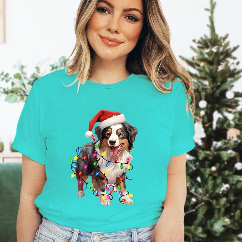 Festive Woman Tshirts Dog Owner Christmas Gift Short Sleeve Tshirt Trendy Girls Clothing Kawaii Cartoon Santa Dog Classic Tops
