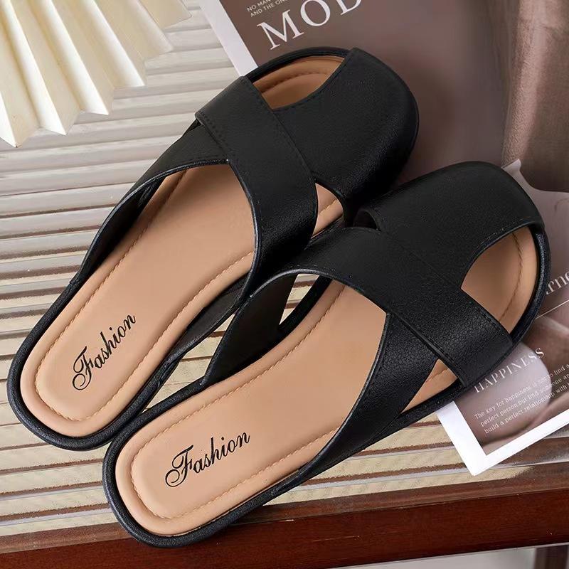 Hollow Flat Bottom Soft Bottom Bag Head Half Slippers Female Summer Round Head Lazy Drag Female Shoes Wearing Sandals Female