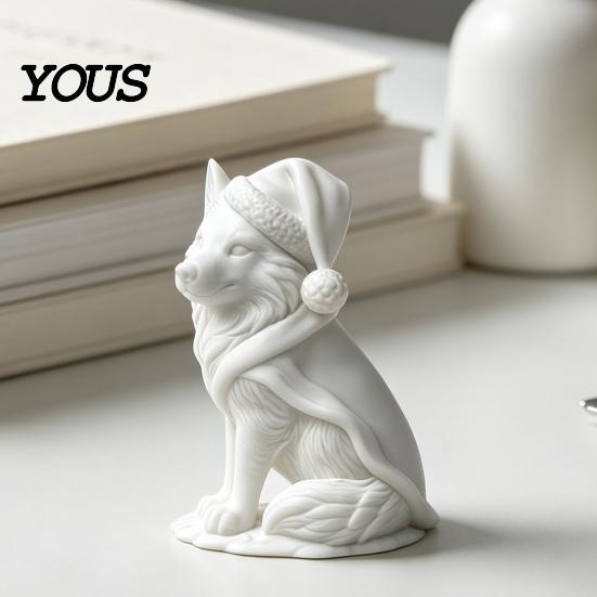 White Wolf Statue 3D Printed Figurine, Cute Christmas Animal with Santa Figurine Hat And Scarf for Tabletop, Mantel Shelf Home Office Decor