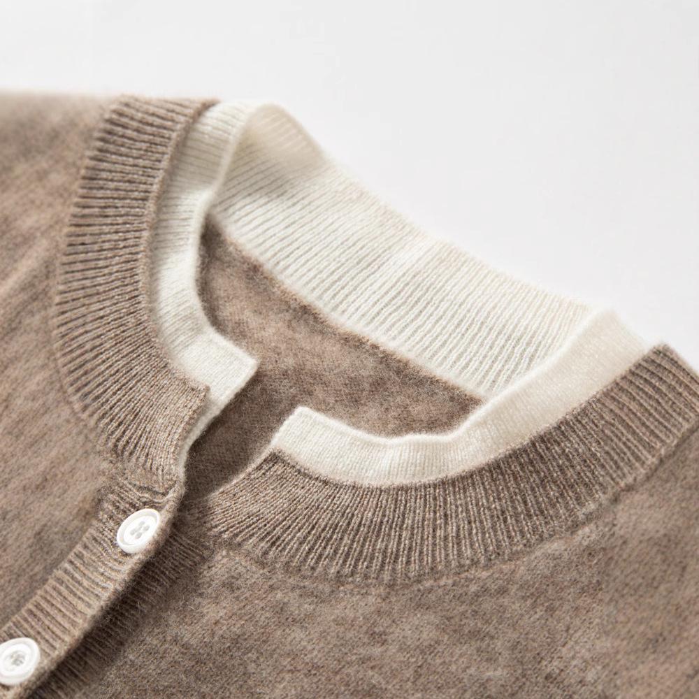 Women's Color Block Cashmere Sweater - Round Neck, Buttoned, Loose Fit, Long Sleeve Contrasting Knit for Autumn/Winter.