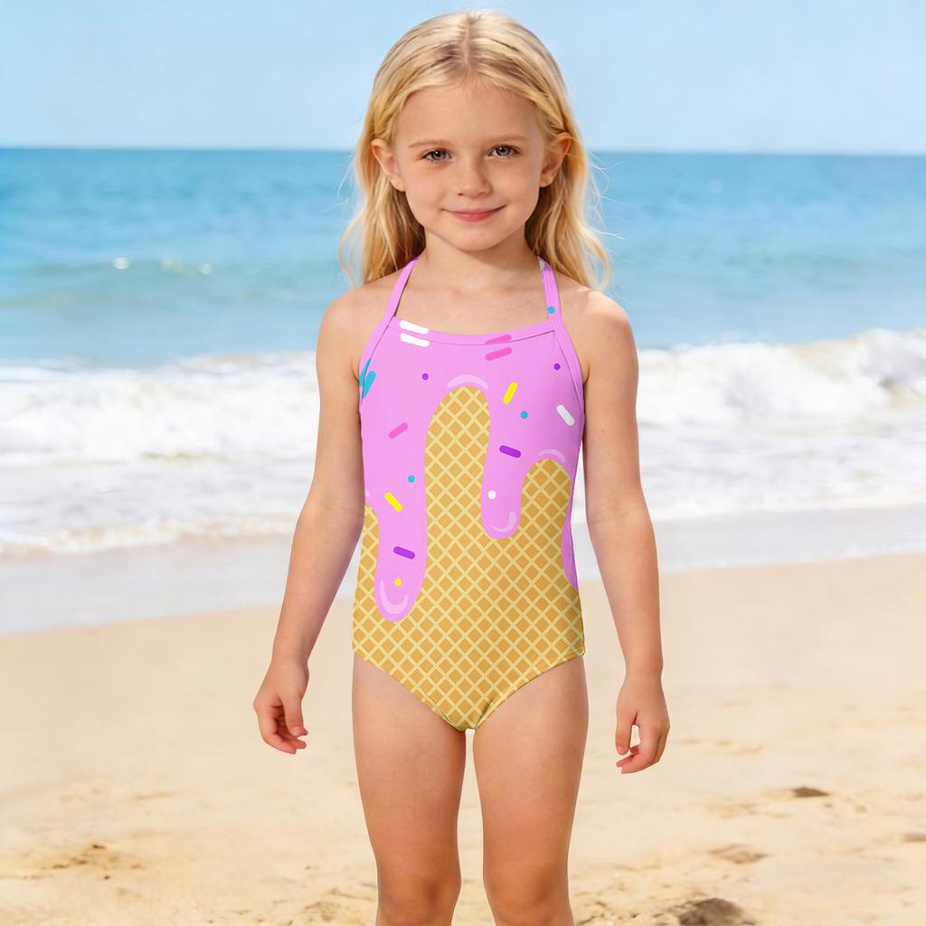Girls One Piece Swimsuit Kids Summer Swimwear Children Beachwear Toddler Bathing Suit with Ice Cream Cone Print for Outdoor Water Activities