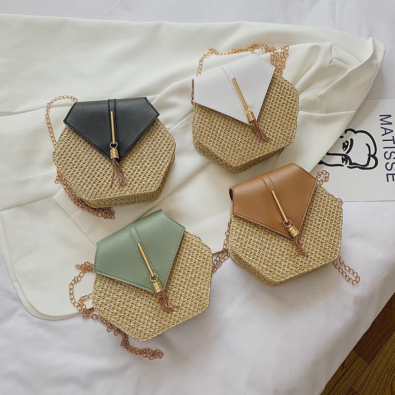 Summer Straw Bag Women Hexagon Chain Crossbody Bag Handmade Weaven Shoulder Bag Fashion Tassel Messenger Bag