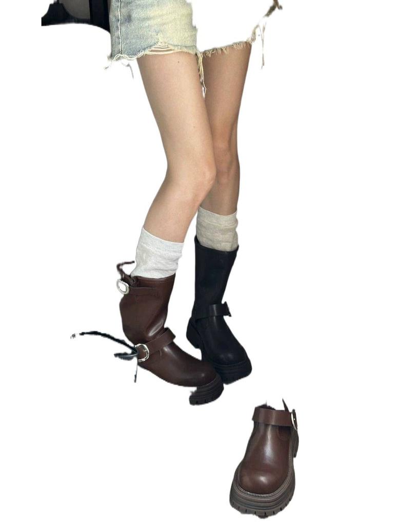 Popular retro thick-soled belt buckle one-pedal Martin boots for women's 2025 autumn new versatile height-increasing and thin short boots