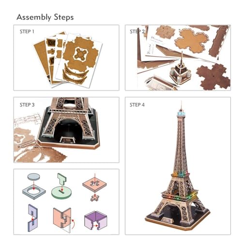 ASSYME Cubic Fan 3D Puzzle Craft Kit, Eiffel Tower (with LED), L091h, No Glue or Tools Required