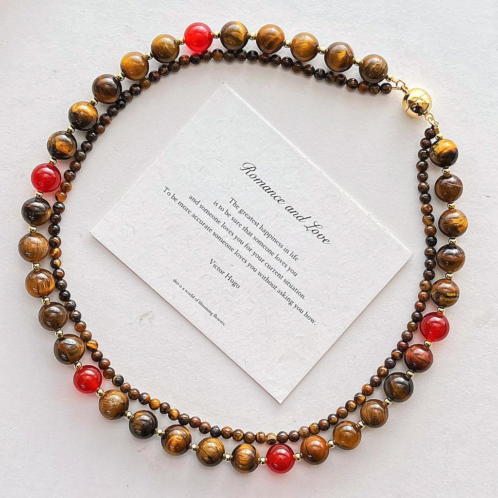 French Natural Boutique Tiger'S Eye Stone Design Double-Layer Necklace Collarbone Chain Female