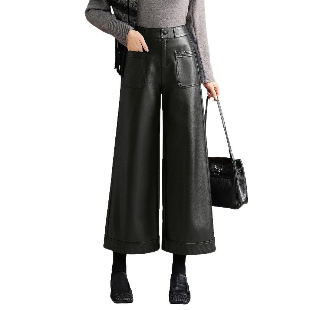 Pantalones de Cuero de Pierna Ancha Talla Grande de Cintura Alta para Mujer - Diseño Casual Recto de Terciopelo Corto Otoño/Invierno