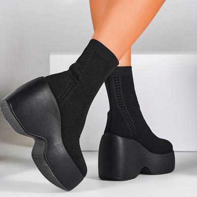 Botas Tricotadas Stretch de Plataforma Grossa Cunhas Góticas Botins de Tornozelo Femininos Punk Slip-on Botas Meia Inverno Sapatos Femininos da Moda