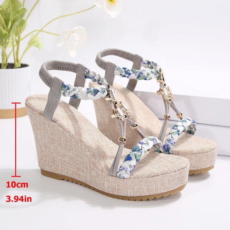 SyfIyno Summer Sandals Women's Fashion Open Toed Knitted Elastic Belt Slope Heel Thick Bottom High Heel Sandals Eleven Styles