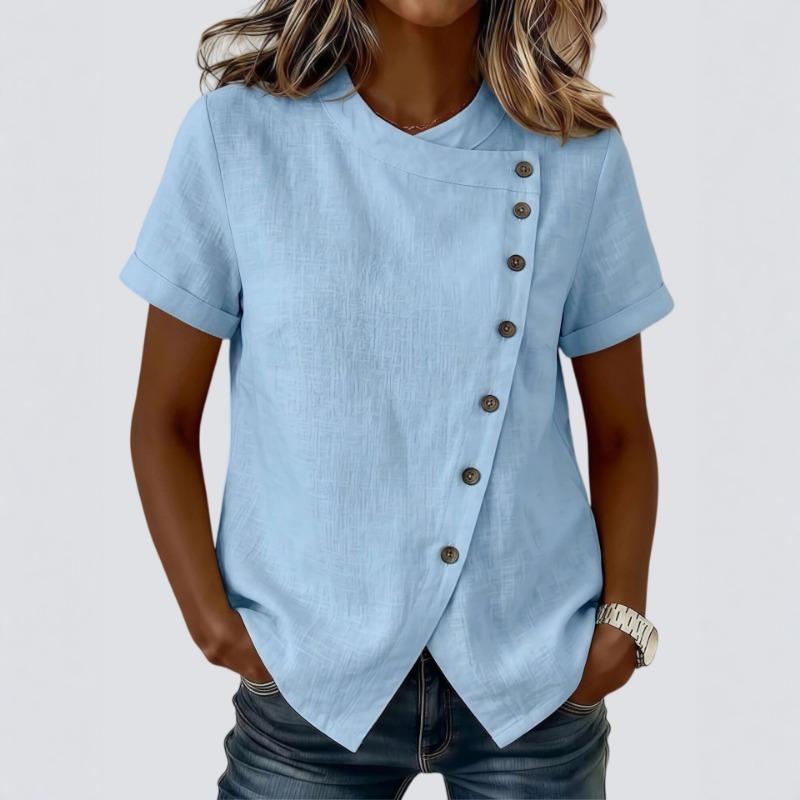 Women Light Blue Textured Crew Neck Diagonal Button Short Sleeve Irregular Hem Loose Casual Blouse S синий