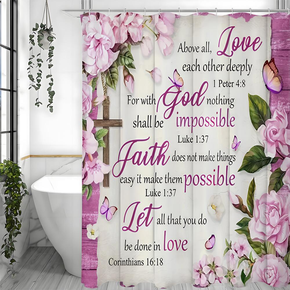 Purple Floral Bible Inspirational Quotes Shower Curtain, Bathroom Decorative Shower Curtain, Waterproof Shower Curtain with Hook