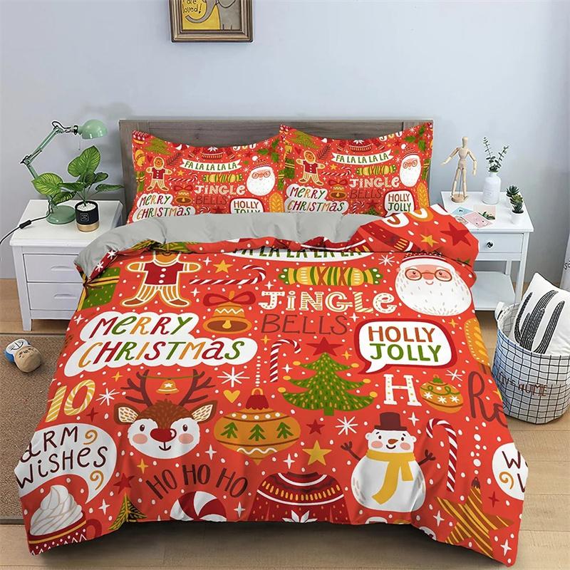 Roter Weihnachts-Bettbezug, King-Queen-Bett, Cartoon-Weihnachtsmann, Bettwäsche-Set für Kinder, Jungen und Mädchen, Happy Holiday, 2/3-teilig, Polyester-Bettbezug
