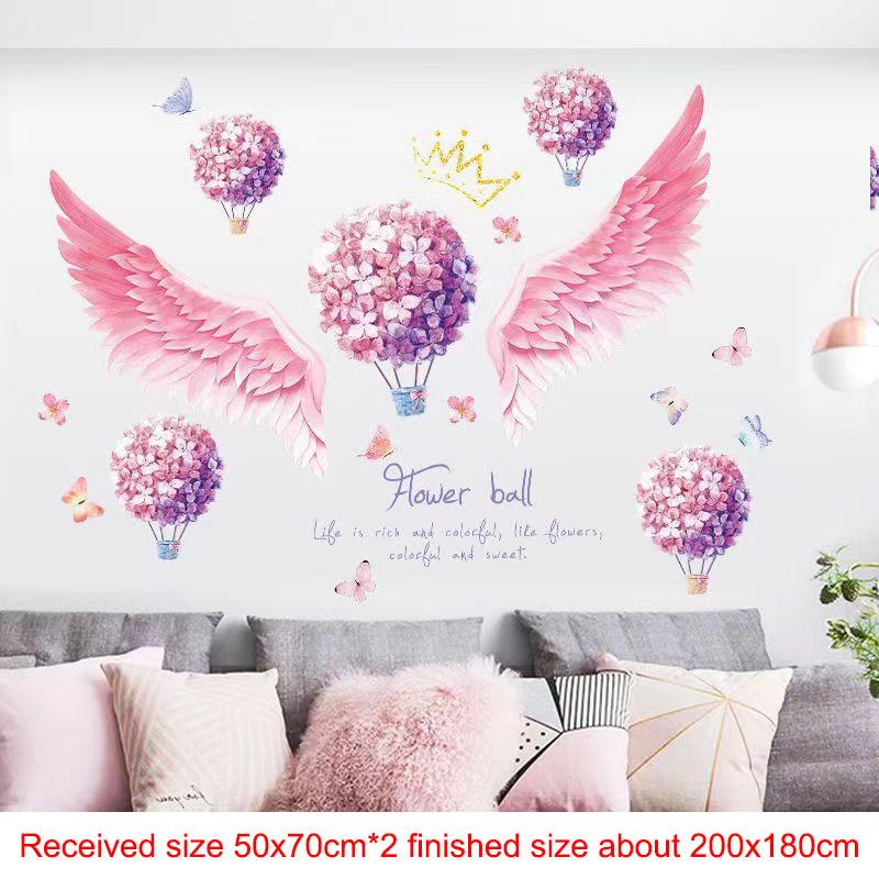 Pink Wall Sticker for Bedroom Girls, Unicorn Feather Princess Flowers Decal, Nursery Removable Wallpaper