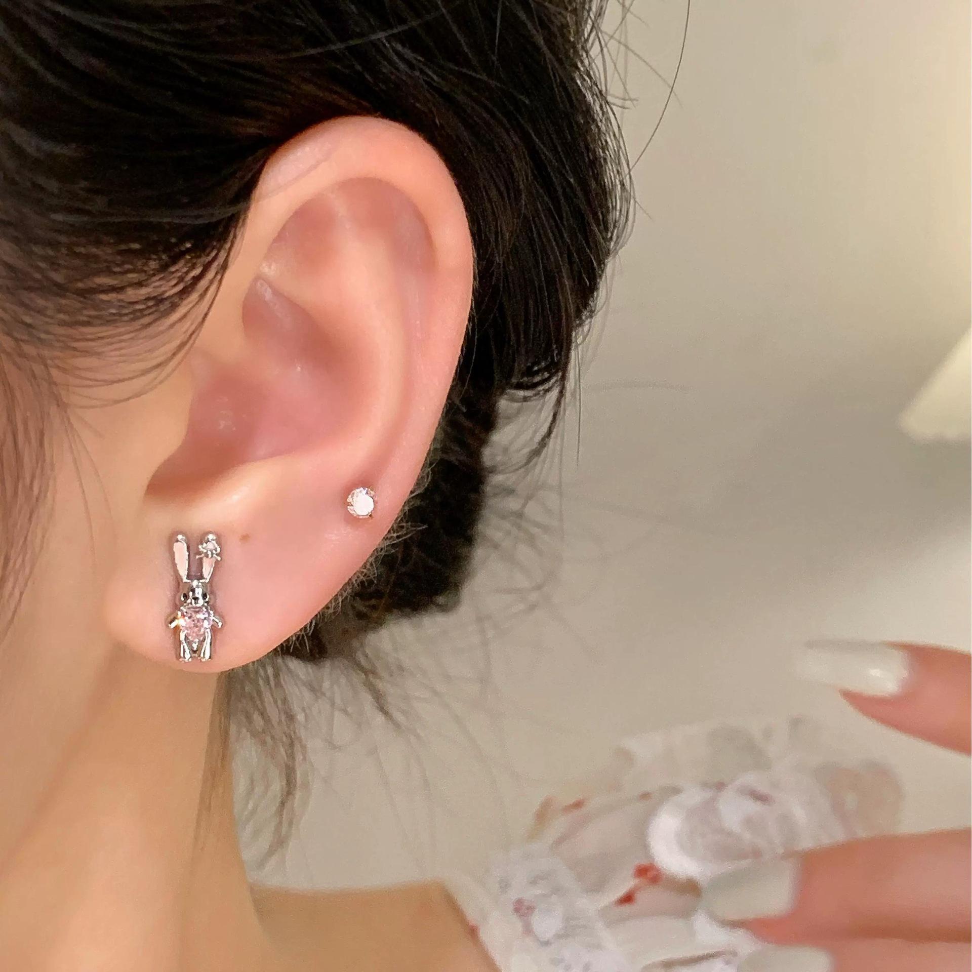

Cute Tutu Shu Sweet Cool Girl Rabbit Ear Bone Nails Titanium Steel Unique Double Hole Earrings Earrings